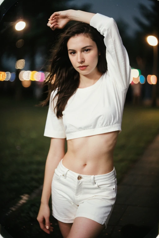 polaroid photo, night photo, photo of 24 y.o beautiful woman, pale skin, bokeh, motion blur, шырокие бедра, цецюлит