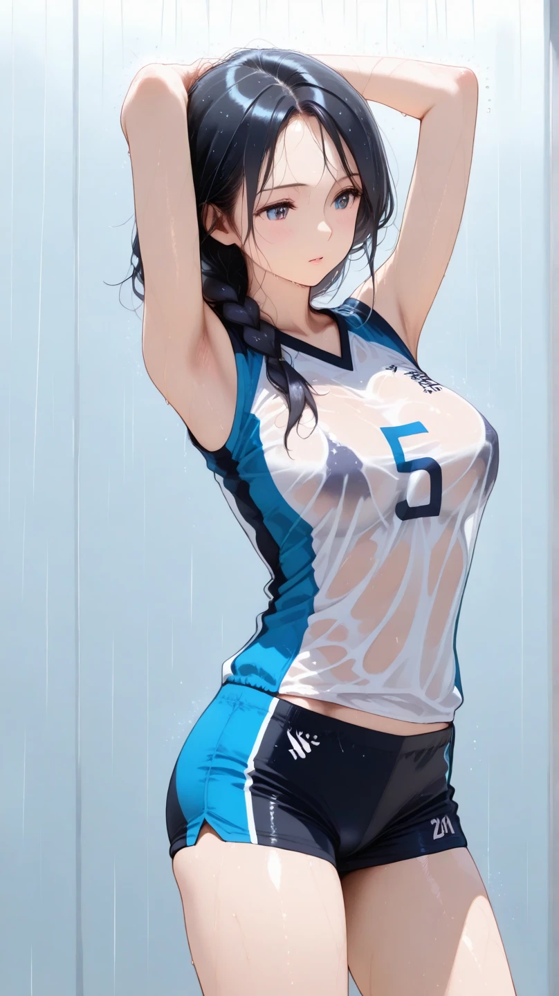a close up of a person wearing a basketball uniform, a picture, inspired by Kentaro Miura, trending on pixiv, Yor Forger, Spy x Family, wearing yellow nba jersey, yellow croptop nba jersey, wearing a low cut croptop, wearing croptop, croptop, the words "Lakers" written on the croptop, golden raito, (winking), shirobako, large)}], favorite scene, fine details. anime. skins, sweating, big breasts, both hands raised, armpits, armpits visible, dripping with sweat, more more sweat, sweaty armpits
