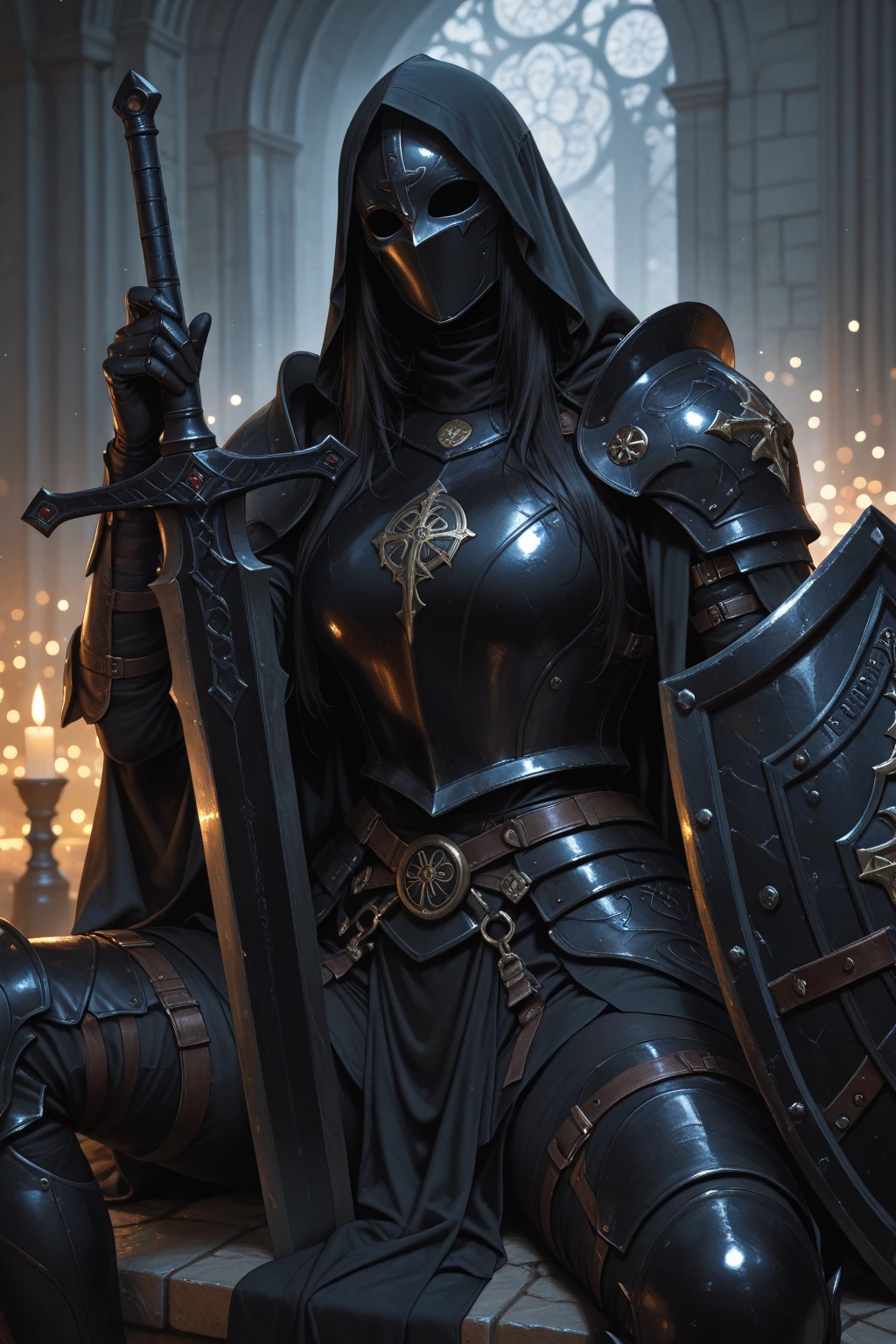 movie scene, close-up half body shot of a penitent beautiful woman as a warrior nun paladin in (black and white) leather habit with intricate gold stitching, with (glowing blue eyes:1.2), gauntlets, slender build, holding papal (crucifix) staff weapon, illuminated holy bible closed shut, hammer, prayer beads, well lit cathedral on fire, lens flare, shafts of light, intricate detail, highly detailed, volumetric lighting, 4k render, stock photograph, hyper realistic, lifelike texture, dramatic lighting, unreal engine