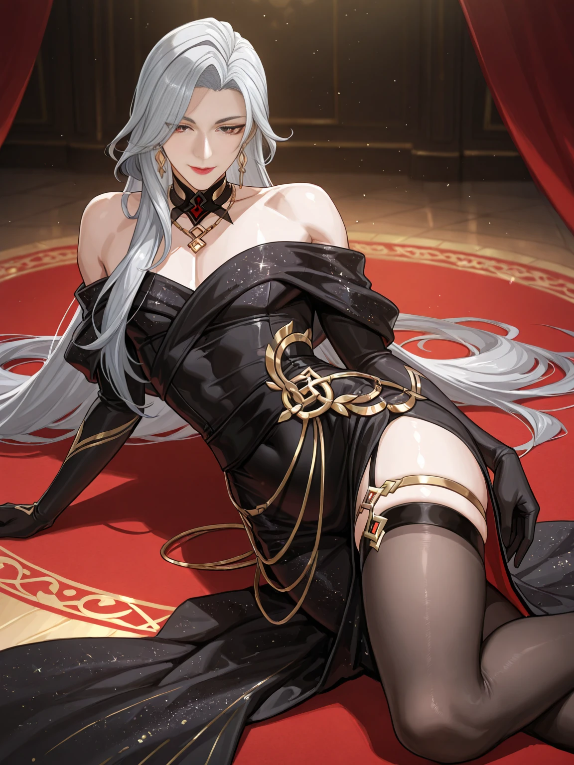 high resolution, black lingerie with gold ornaments, black witch hat with gold ornaments, white hair, yellow eyes, seductive smile, sitting on rive edge, starry sky with full moon,