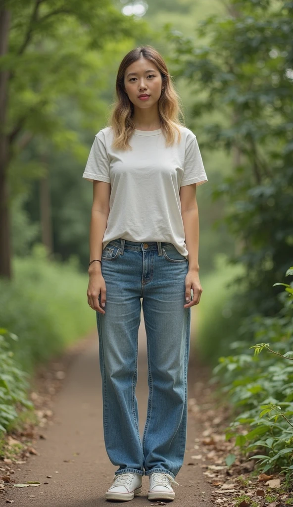 <lora:kawaii7.1.3_obj20:0.75:0.25>, European woman, closeup, sandals, (shirt), pants, (california redwoods), ZM_marisa, wide shoulders, perfect face, (contact iris: 1.1), pale skin, skin pores , depth of field