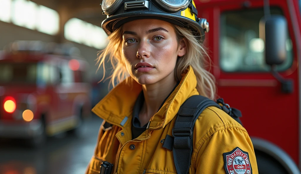 Beautiful girl , bun hair,18 years old,firefighter, big blue eyes, firefighter clothes, firefighter jacket and pants, firefighter backpack, firefighter helmet, at the street, burning house, fire truck, (full body:1.2), (highly detailed face), (highly detailed eyes), hot body, octane render, 8k,(wide angle), ultra reality:1.4, (hyperrealism), <lora:add_detail:0.3>, high contrast,