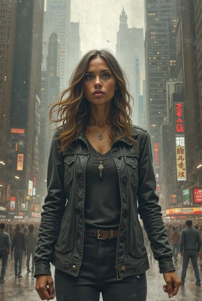 ((Dutch angle)) (highres,masterpiece:1.2),ultra-detailed,realistic,photorealistic:1.37,European woman,23 years old,playmate,men magazine model,post apocalyptic world,beautiful detailed eyes,beautiful detailed lips,longeyelashes,sultry expression,dark wavy hair,fit and toned figure,provocative pose in ruins of a city,distorted skyscrapers,piles of rubble,desolate landscape,dusty atmosphere,ruined buildings,mysterious mood,desperation,bold confidence,vintage film grain effect,dramatic lighting,icy blue color scheme.