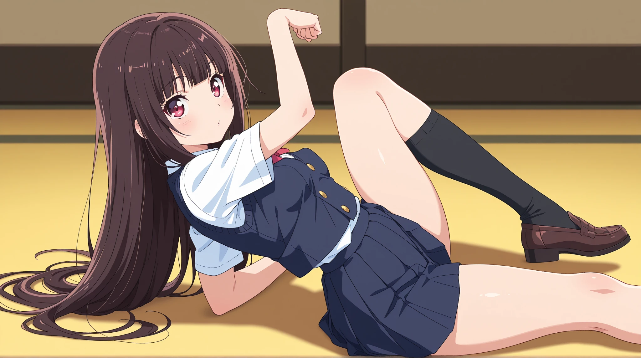 masterpiece, best quality, highres, Tachibana Arisu, 1girl, solo, busty, small breasts, black hair, sport bra, short skirt, looking at viewer, full body, standing, simple background, (erotic pose:1.4), blush, flustered, (Crotch panties exposed:1.3), ((arms behind head, double armpits, crouching down, half-squat, Open the crotch before:1.3)), Half body, upper body, In the middle, symmetrical,