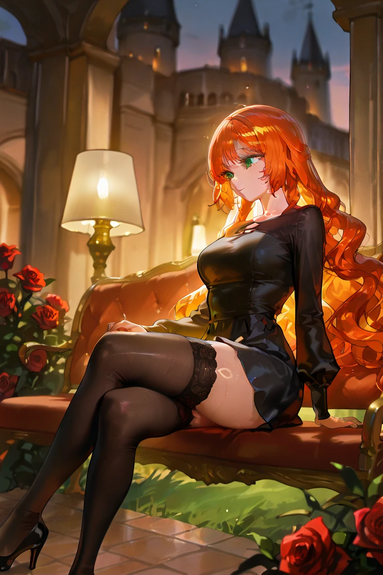 ((Full length photo)), ((Photo realistic)), 1 girl, (vest: 1.2), 8 K, a high resolution, finely detailed leather, Lingerie, huge breasts, Lenore from Castlevania, a vampire, Red hair, skirt, sitting, toned legs, heels, dominant, low angle, upskirt, Sports, skinny, toned, Smaller body, thin waist, from below, crossed legs, highly detailed legs with realistic proportions, toned legs