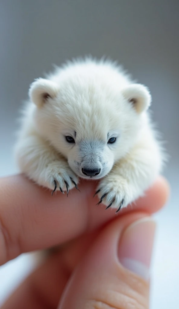 Photorealistic, 34k, A micro baby polar bear perched on a human finger