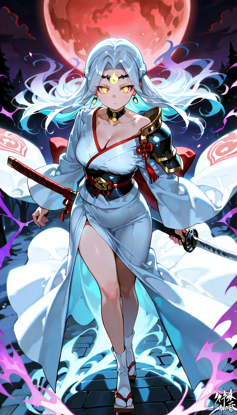 Fashionable girl, Long white hair, violet eyes, White Hanfu, smirk, open breasts, a sword, Masterpiece, hiquality