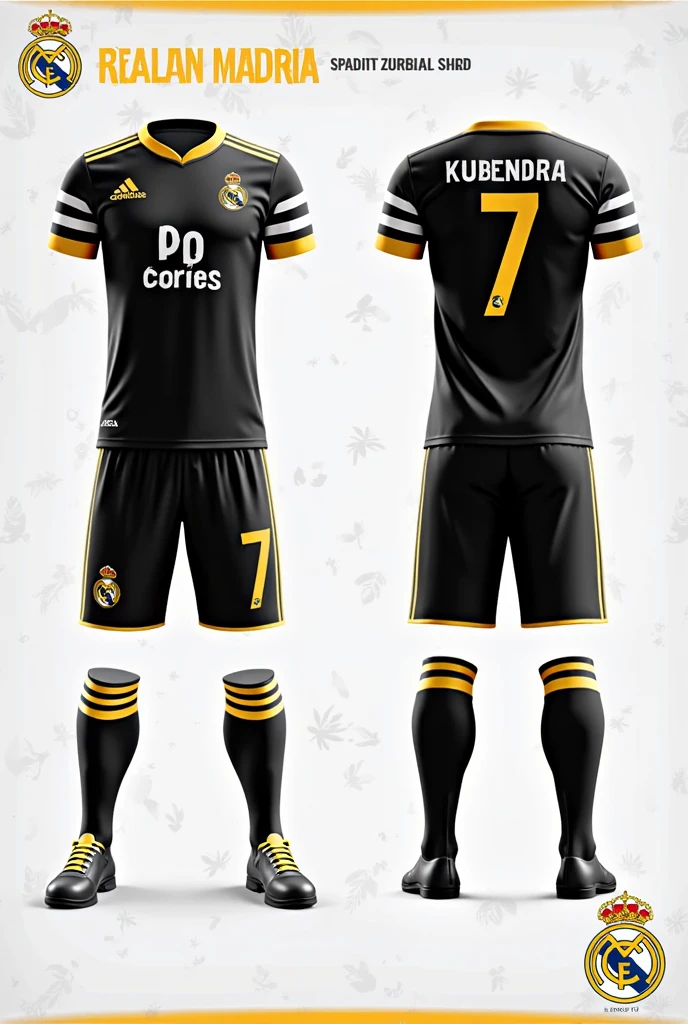
Image of two football sports uniforms in light beige combined with black and gold , with a print on the front, Name "rafa" next to a number 9 on the back of one of the uniforms