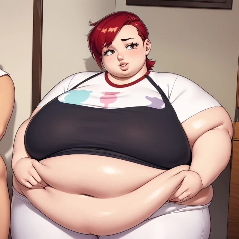 Masterpiece, hi res, absurdres, Best Quality, 4K, detailed, HD, solo,male, feminine , androgynous, tall, huge breasts,thick, prominent lips, red lipstick,curvy, short red hair, Bob cut, bulging crotch,male, large bulge, Big bulge, penis outline on clothes, large penis, genitalia outline, daddy, blushing, white tank top, blue yoga pants, kitchen