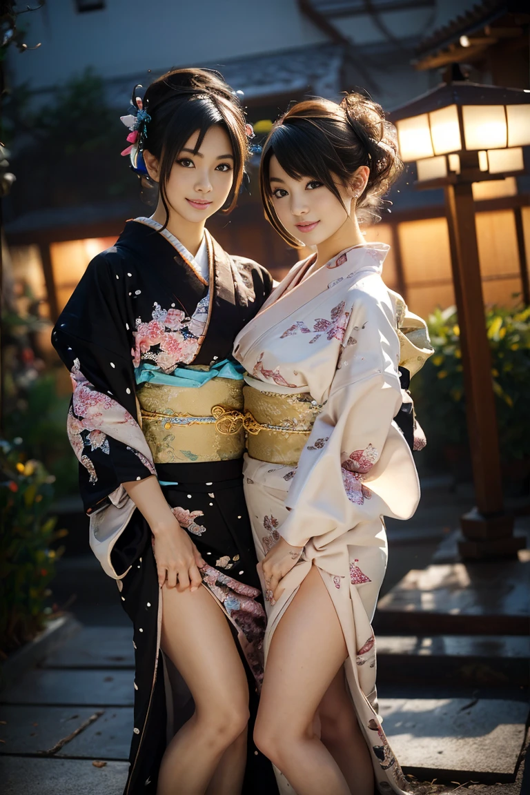 Show entire body, feet in view, NSFW、最high quality、high quality、best image quality、8k、最High resolution、High resolution、最high quality、masterpiece、Depth of object being written、RAW photo、Group photo、realistic atmosphere、(detailed face)、(fine hands、thumb１reference４)、(beauty of japan )、very nice face、cute face、((beautiful japanese girl))、(Japanese people women), wearing pantyhose, ((multiple girls))、((Girls hugging each other２people))、((18 year old beautiful girl))、(glossy black hair)、(straight long hair)、(ponytail)、whole body、slim style、(shiny skin)、(Fair skin, Glossy skin)、Skin between real people、Realistic people body structures、perfect body， perfect face， perfect hands， perfect fingers， perfect lips， perfect eyes，perfect teeth、perfect background， perfect atmosphere， natural soft light、photon mapping、samurai kimono、maiko kimono、attendant、geisha kimono、Japanese kimono、japanese traditional、((Kimono with floral pattern(Sheer、Sexy、Transparent、Erotic))、In front of a samurai residence in Japan、((Random color with floral pattern(samurai kimono、Hakama with slit))