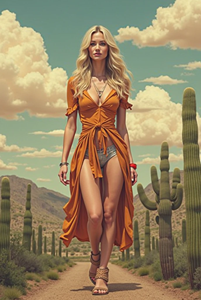 A woman in the desert with flowering cactus 