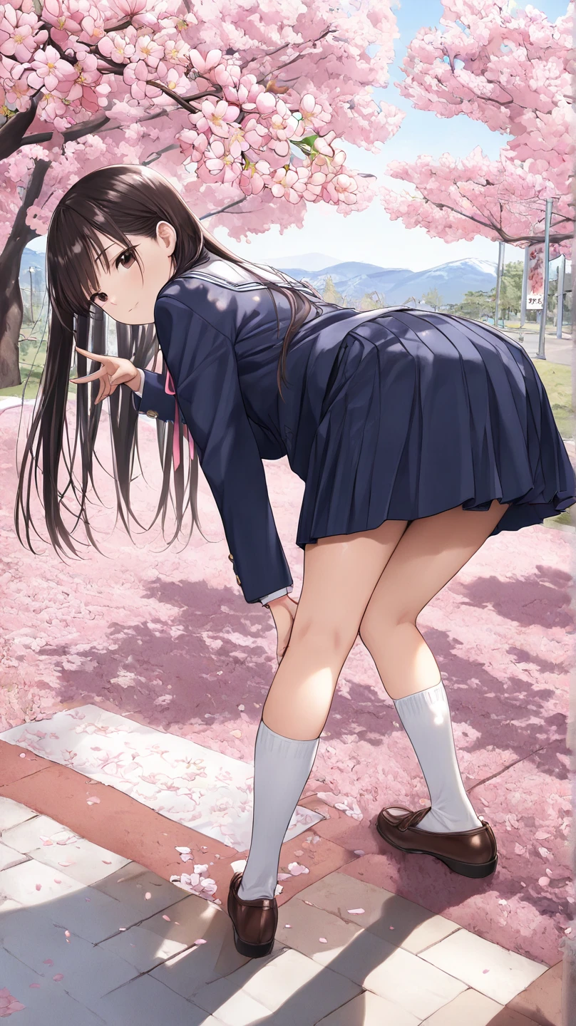Masterpiece, Excellent, 4girl, girly, plum eyes, brown, bobo head, envious face, oil shine, beautiful leg line: 1.3, thick thighs, thin waist, school uniform, high socks, ((pencil skirt)), red high heels, pantyhose, wide hips, half squat, very detailed ass, Pathway_lined_with_blooming_cherry_blossom_trees, from below, full body, legsupsexms, (nsfw:1.1)