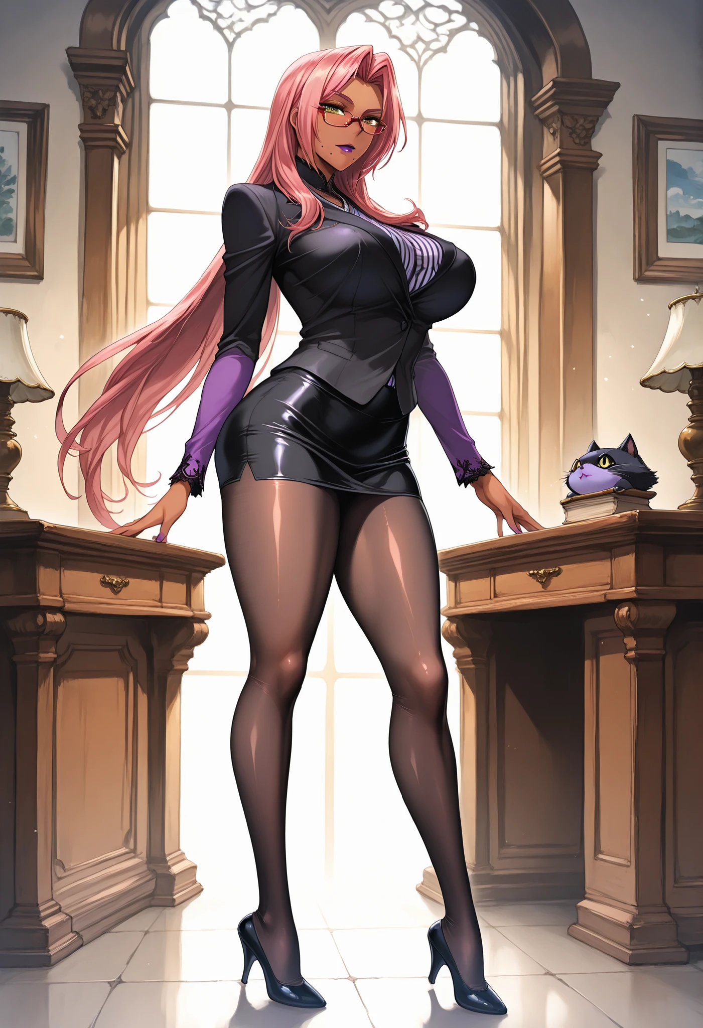 ((masterpiece, best quality, ultra-detailed)), 1girl, beautiful business woman walking in city back turned, smiling, blush, wearing pink blouse, blazer, bracelet, necklace, black midi pencil skirt, black suit skirt, heels, full body, wavy purple hair, wide hips