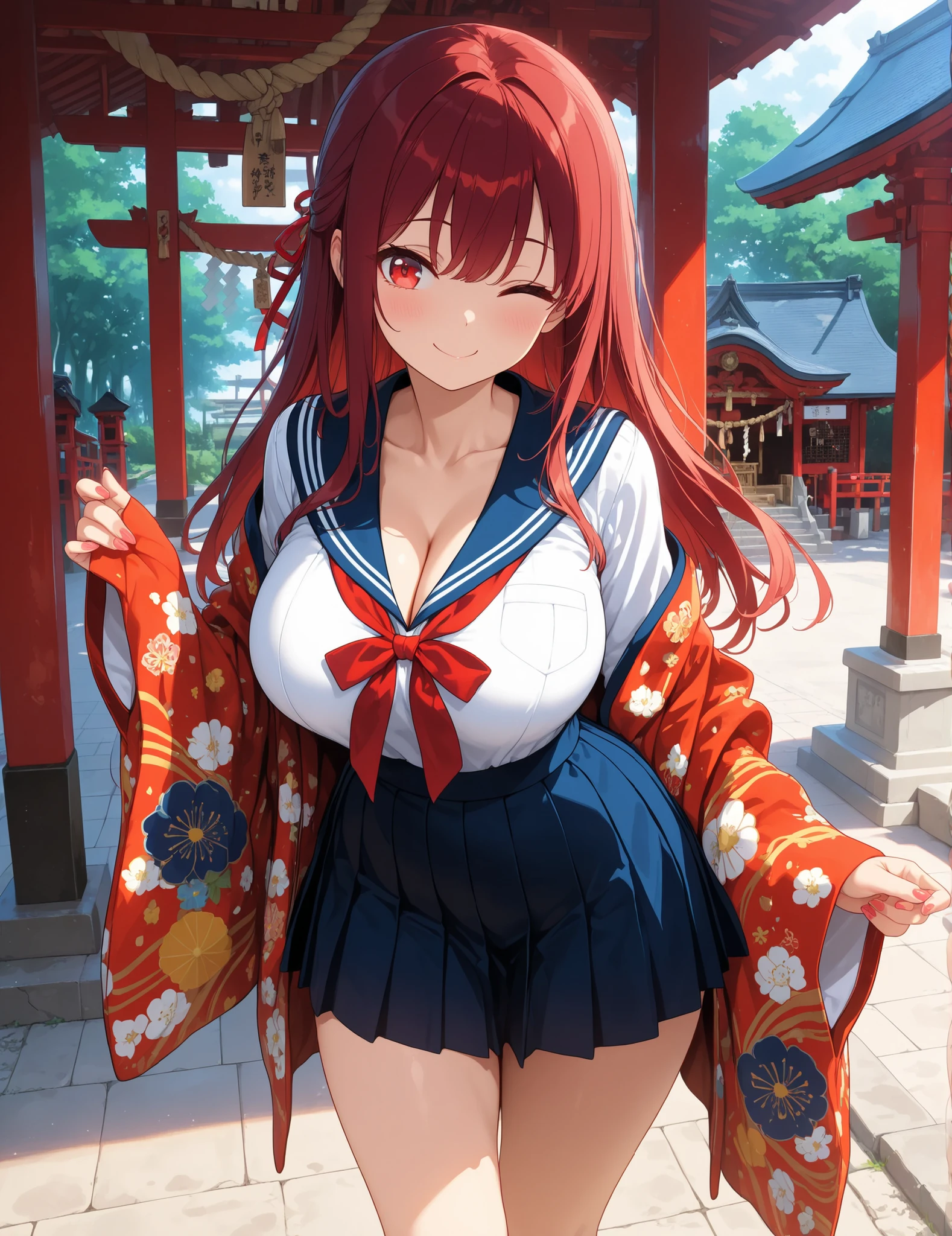 whole body、standing position、cheeky smile、red hair、big breasts、clothes that emphasize the chest、sexy、beautiful girl、、Japanese、Japanese city