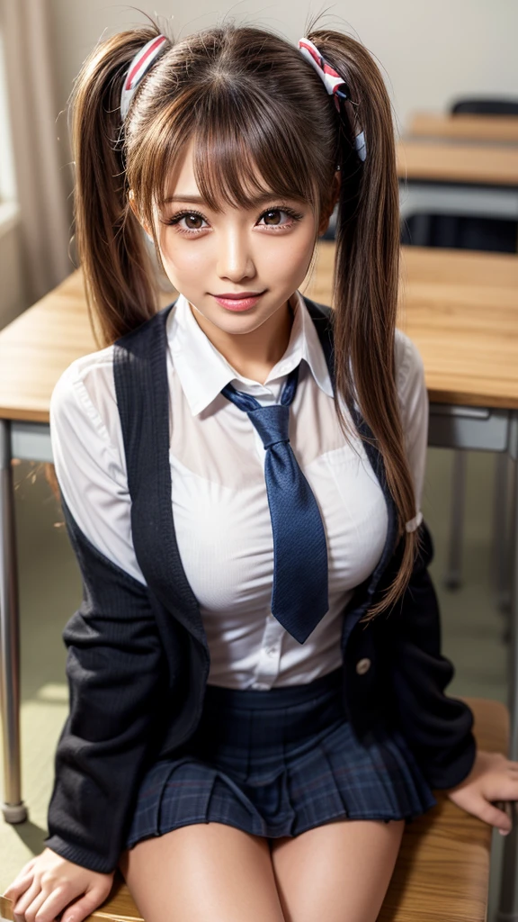 twin tails, 1 young girl, beautiful face, (Super cute, wonderful face and eyes), realistic, (highest quality:1.4), very detailed CG 統合 8k 壁紙, very detailed, RAW photo, professional photos, realistic portrait, cinematic light, (beautiful breasts), (cleavage:1.2), (School uniform with wide open chest:1.5), (mini skirt:1.3), (No panties:1.3), (squat:1.2), camel toe, indoors, School, (view from below),