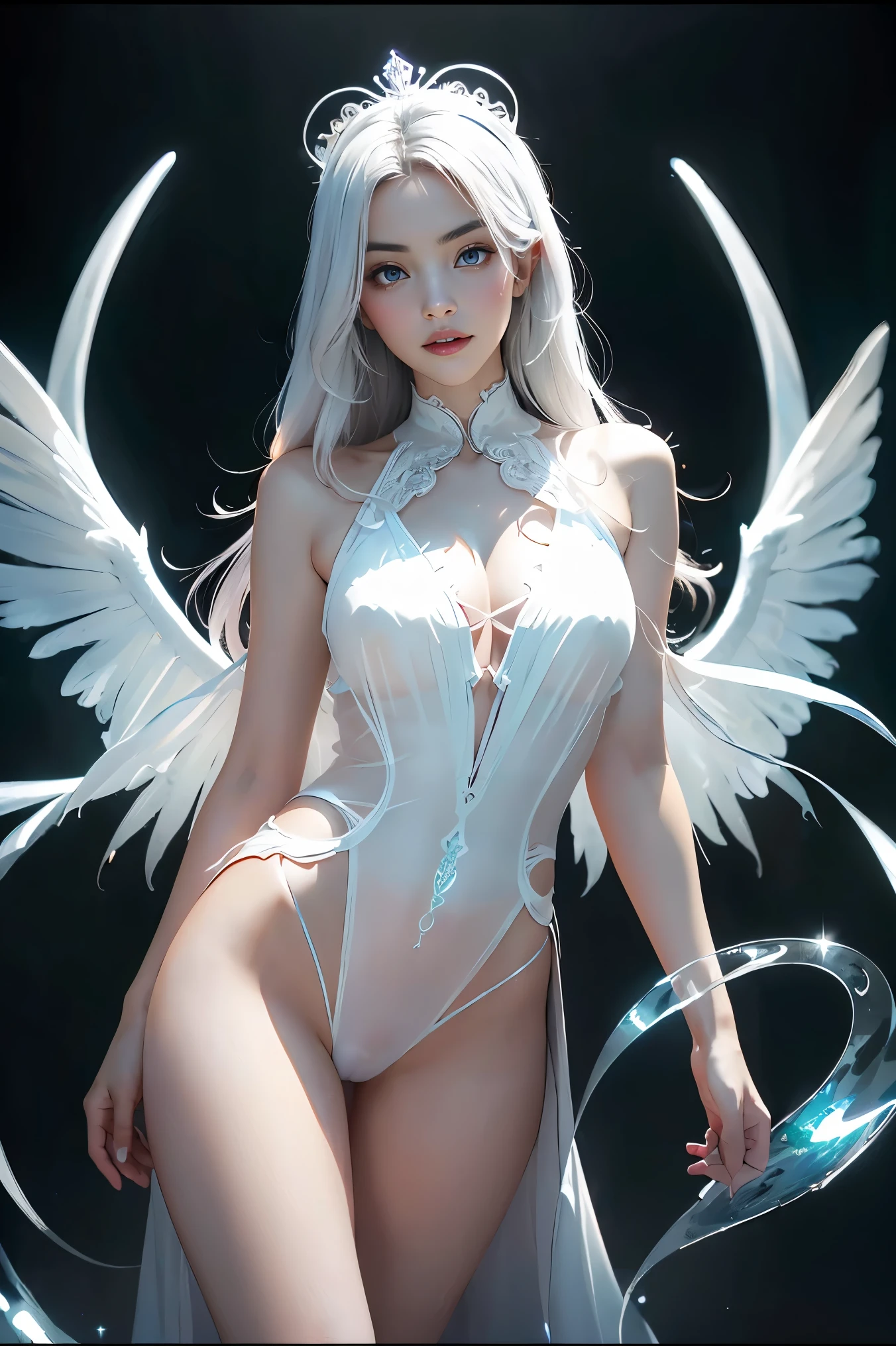 Sexy angel woman wearing transparent sexy micro bikini full body standing with arms down,Vista frontal