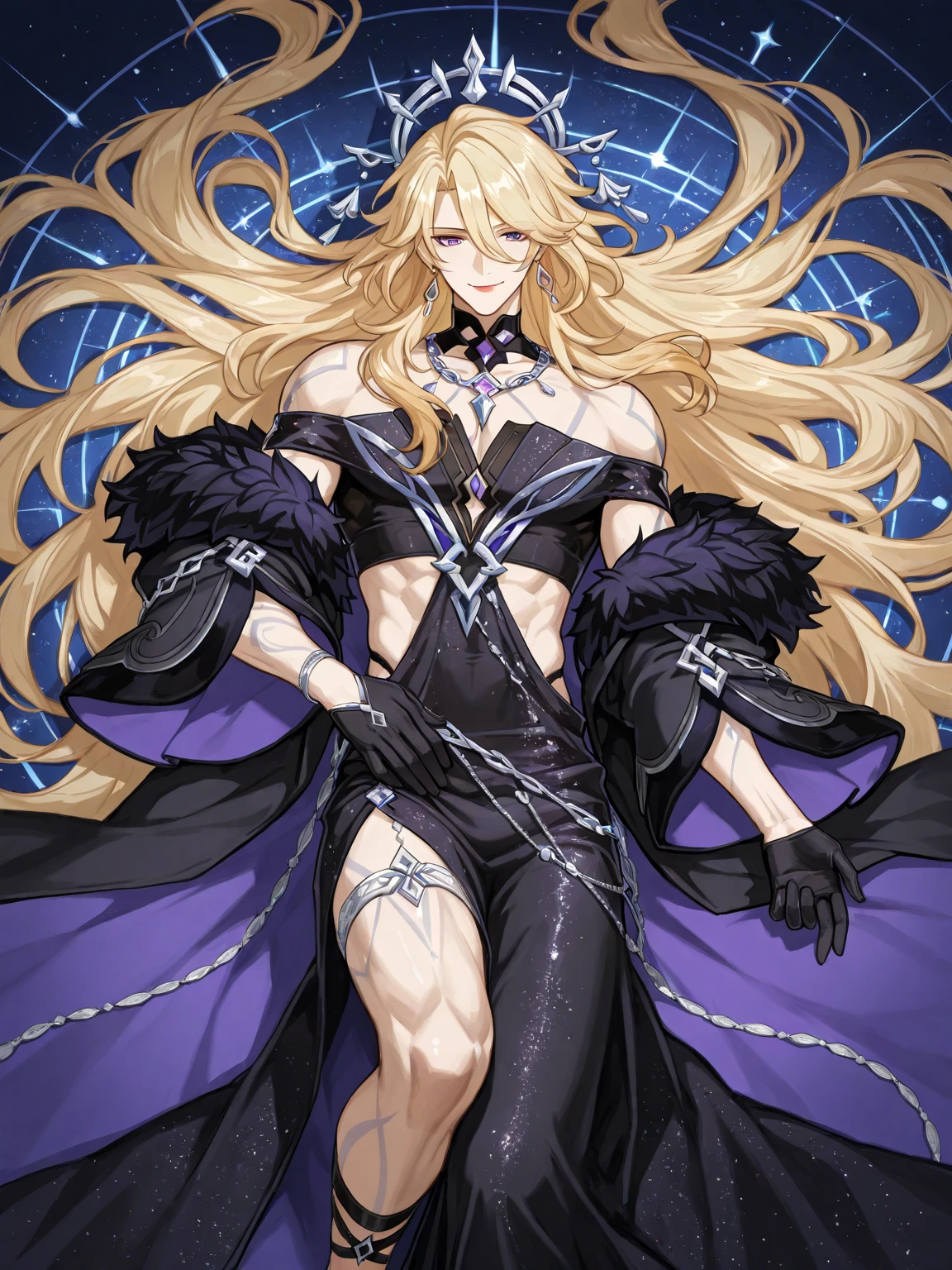 Young guy, long blonde hair, violet eyes, goods maga, open torso, Magic tentacles, purple tattoos, Runes, Masterpiece, hiquality