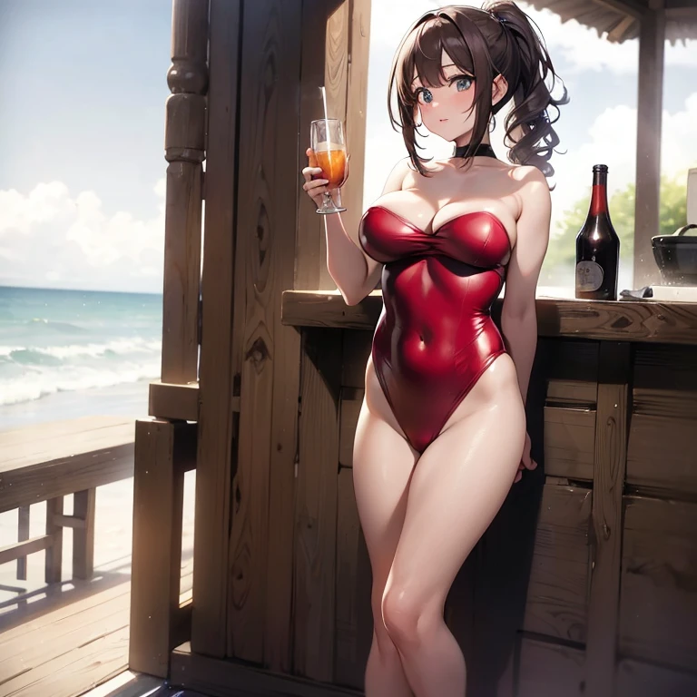 Create an image of La Catrina with big breasts in red lingerie with milk on her butt between her legs
