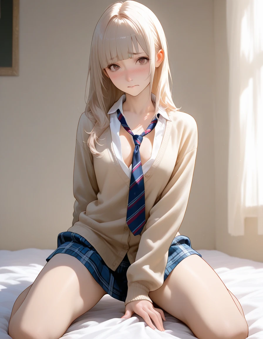 Photorealism、highest quality、超A high resolution、Browsing Caution、A, wearing a uniform, is sitting on the bed、Low angle shot:1.5、She opened her legs wide:1.5、膝を曲げてSpread your legs座ります、((Showing panties:1.5))、A sexy look for the camera、((blonde:1.4))、((pink silk panties))、((Panties close up:1.5))、((Pink collared shirt、Tartan Check Pleated Skirt、Knee socks))、A cute and beautiful face down to the last detail、(PurerosFace_v1:0.008)、Brown eyes、eyeliner、blush、Embarrassing、Glare、 Glossy lips: 1.4, impatience、was scary、Glare、Panty Appeal、Panties close up:1.3、blush、is crying、cry、Open your knees、Spread your legs、Disheveled clothes、dressing、Medium Long Hair,In the bedroom、Anatomically Accurate human body、Perfect Arms、Perfect hands、Perfect Fingers、Perfect Legs、Accurate human body、((Shooting from the side:1.3))