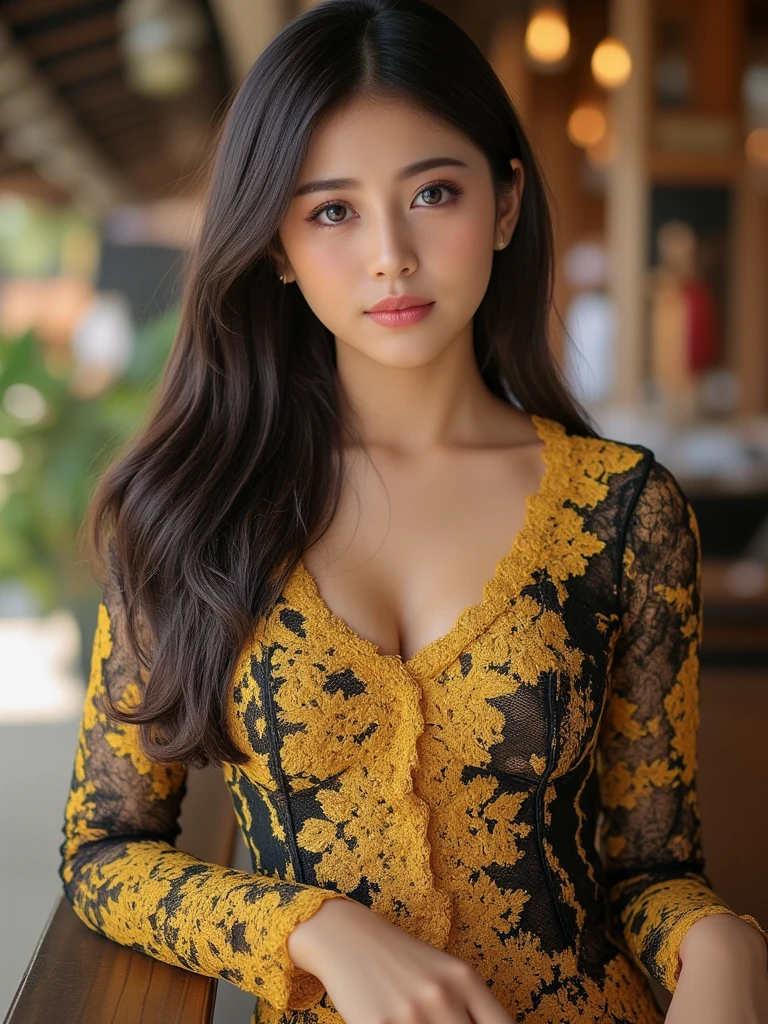 1 Indonesian-Dutch girl, 25 years old, long fashion hair, fit body, small cleavage, skintight black lace kebaya, batik skirt, masterpiece, highly detailed, ultra hd, 8k, detailed face, bright eyes, perfect eyes, detailed skin texture, detailed lips, sexy lips, perfect hands, dynamic angle, cowboy shot