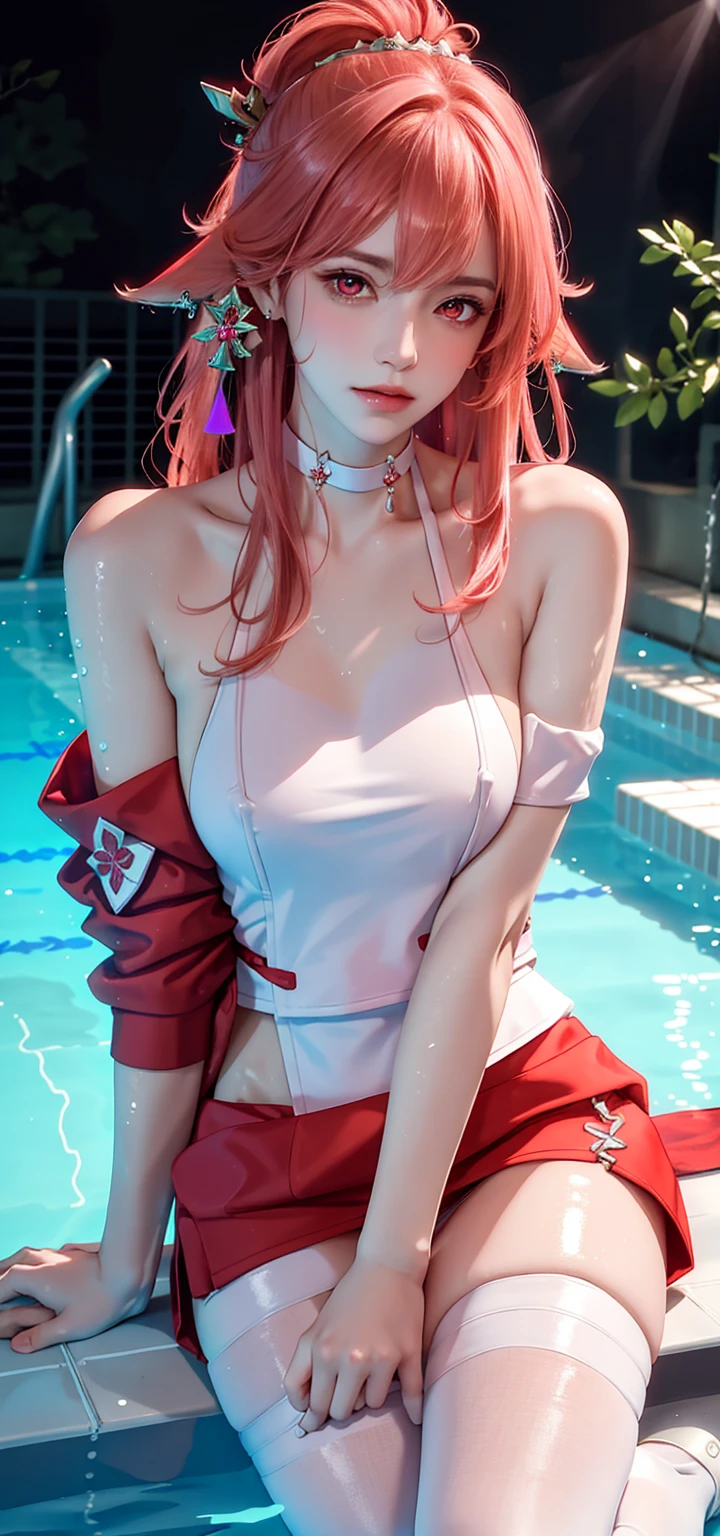 (extremely detailed CG unity 8k wallpaper), (masterpiece), (best quality), (ultra-detailed), (best illustration), (best shadow), (photorealistic:1.4), 1girl standing in swimming pool, half body under water, detailed swimming pool, Kpop idol, ((very oversize shirt, buttoned shirt, open shirt)), (grey hair:1.1), no bra, collarbone, no panties, (small breasts:1.3), looking at viewer, smile, full body, open legs, sweat, (wet shirt,:1.3), sex, <lora:yaeMikoRealistic_yaemikoMixed:0.6>,(small head size:1.4),