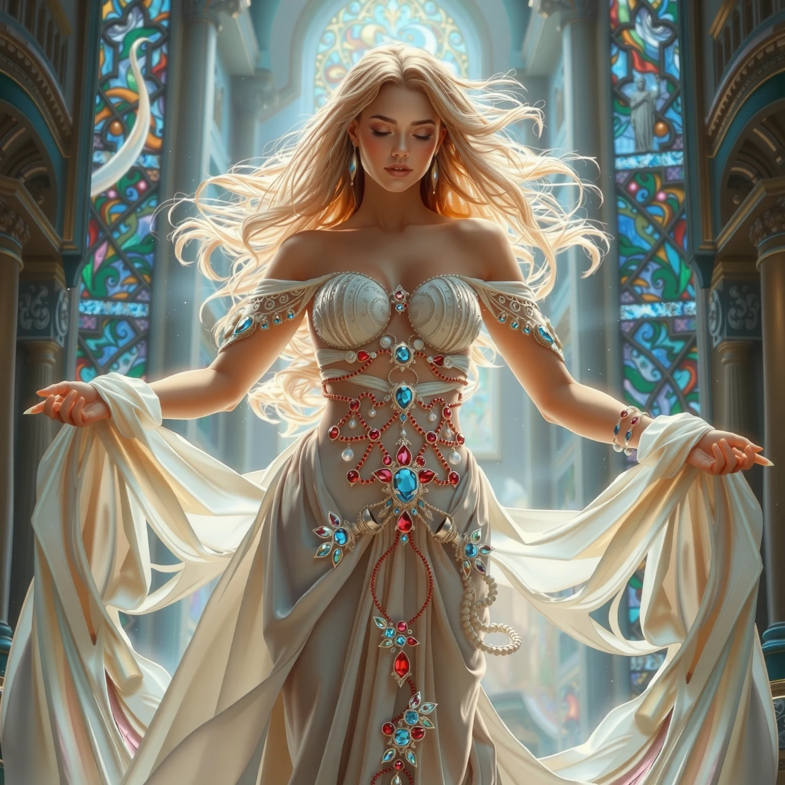 { wide-angle | FullBody:1.2 | Dynamic-angle | Ass focus }, (Full Body proportions and all limbs are expressed in anatomical precision),(((masutepiece:1.25))), 8K highres, { Physically-based rendering | White and Vivid colors | Zoom Layer }, { (((Photorealistic:1.37)))| (F/4.0, canon) }, (Detailed glistening skin), Detailed face and eyes, { ((Beautiful bride goddess))|(Brilliant Red shiny Ruby accessories)| Delicate white lace knitted (see-through:1.25) wedding dresses | Flowers | Floating hair| Random hair color | Blonde hair }, { (Mystical sight) | God rays |((colorful Light shines through stained glass:1.2)) }, { Gigantic Cleavage:1.37 | Overflowing | Biomechanical HUGE and HEAVY boob | Underboob |(Navel)| Bleeding from pussy | (Blood stained crotch) | Menses | Ass focus }, { (Praying) | (Delicate and feminine hands expressed in anatomical precision) | White elbow_gloves | no Dutch angle },