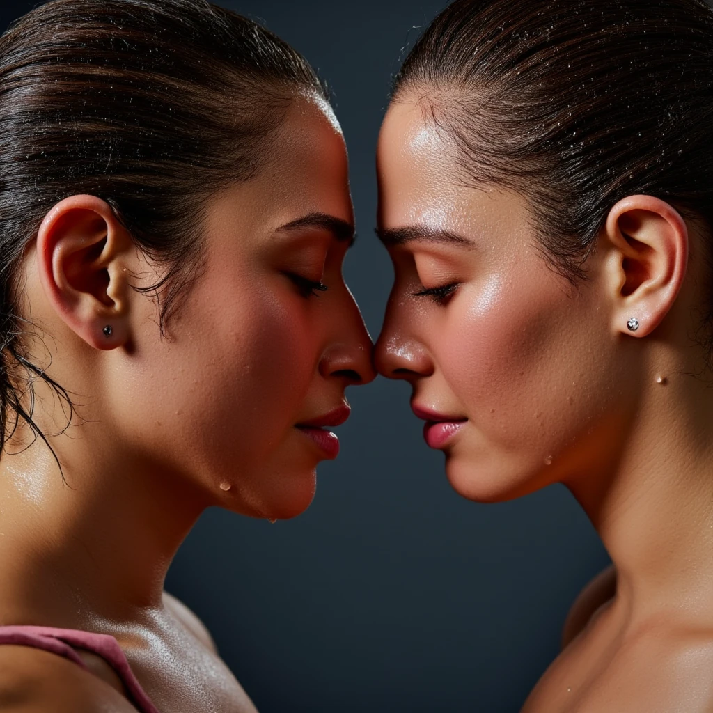 2 sexy fighting in a stage, both wearing karate gi, 4k quality, very detailed, bokeh, great lighting, very sexy, slightly sweating, very serious faces