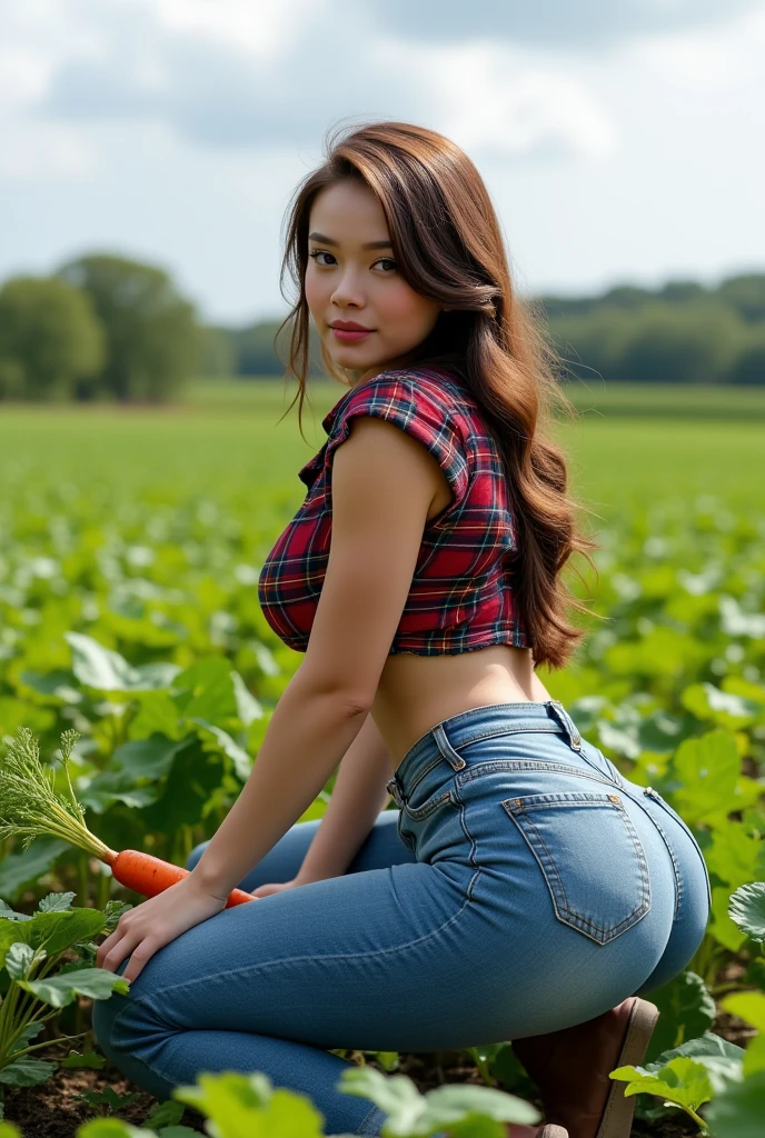 Beautiful woman, smile, topless、Wearing only large denim overalls,barefoot、 Horticulture, Muddy, Covered in mud、plant, (Spread your legs, Sitting, spread:1.2), Highest quality, Very detailed, Realistic, photoRealistic:1.37, Professional Lighting, Bright colors、Brown Hair、Messy long hair