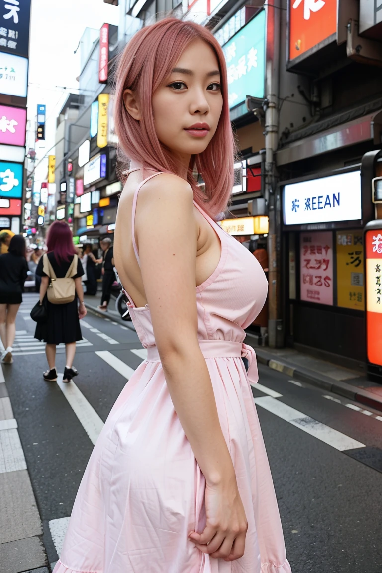 Tokyo, Kabukicho, short pixie cut hair fluttering in the wind, pink hair, medium large breast, plump body figure, high definition, maid dress
