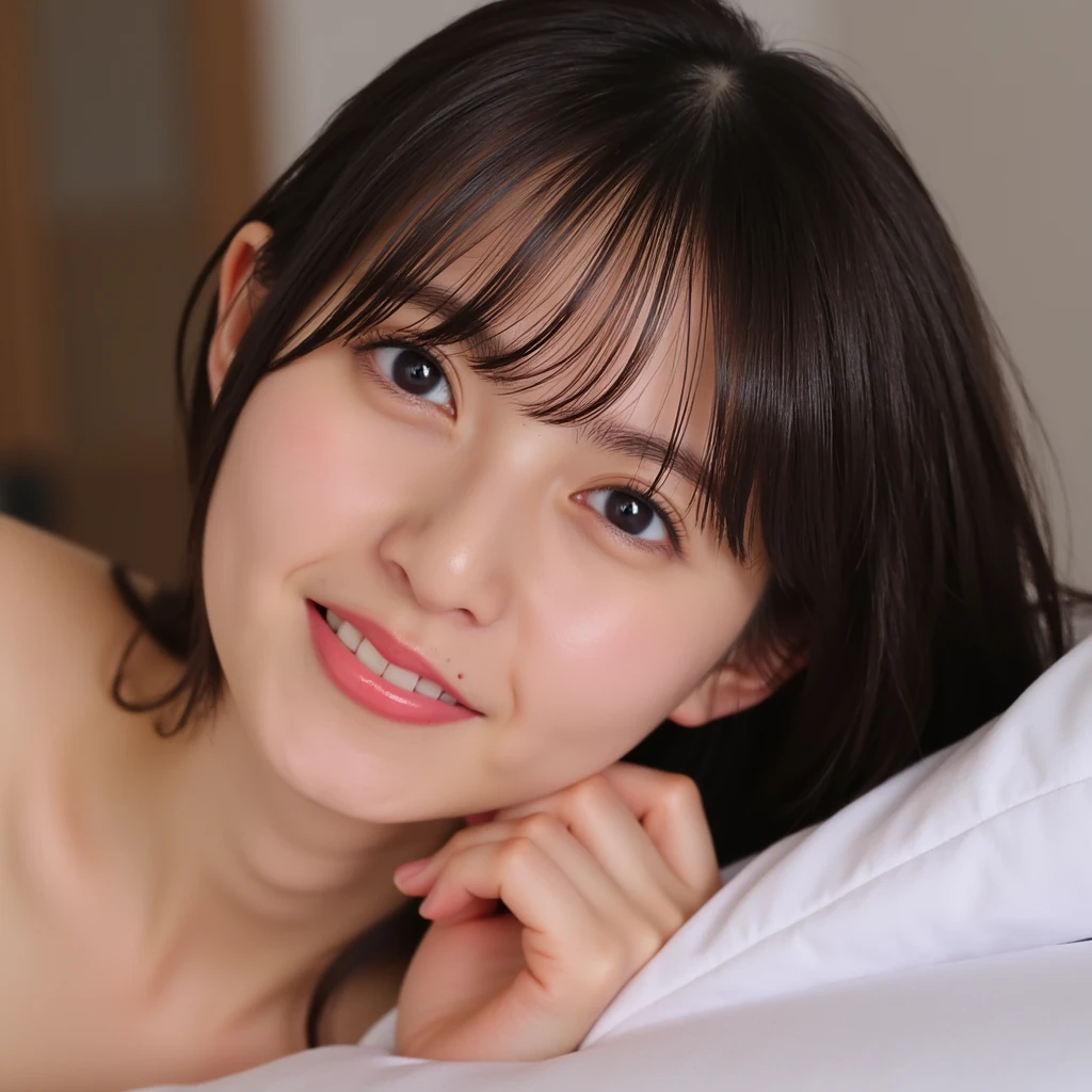 (8K、RAW Photos、Highest quality、masterpiece:1.2)、(Realistic、Realistic)、1 Girl、((naked、Waking up、After sexual、morning、 Hotel Bedroom、Lie down in bed、Bathrobes、Flat Chest、smile))、cute