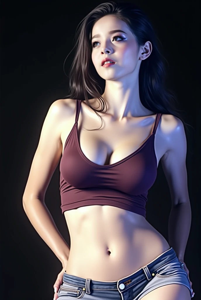 (((professional: step by step, considering even the smallest detail god level final result))): "Zettai Ryouiki, with medium light brown hair and two pigtails above her ears, 50% Revealing clothing, Show skin, ((Rave shirt, Low-cut shirt, Rave miniskirt, Visible thong straps)), (with a rave outfit:1.2, 50% Rave clothing), (Detailed outfit, Detailed clothing), (sexy walking pose), Solo focus, embarrassed, centered, Scale to fit dimensions, Rule of thirds, ((Night view)),(cyberpunk night street Background: 1.5, dark sky, alley, lonely alley, clouds thick, Background with intricate details), (Best quality),(high resolution),(Sharp focus),(intricate details),(Very high quality artwork),(very fine 8K CG),((perfect piece) ), (((Masterpiece))), illustration, vibrant colors, high contrast, selective lighting, double exposure, HDR (high dynamic range), Post-processing, Background blur"