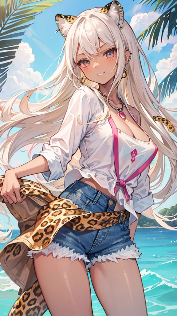 (masterpiece、Highest quality、Very detailed))、One girl、((Brown skin:1.3))、Blonde、Long Hair、straight hair、Grey Eyes、evil smile、((Grin))、((lots of piercing))、((Large Breasts))、((White shirt))、((leopard bikini))、((denim short shorts))、Cowboy Shot、Seaside Background