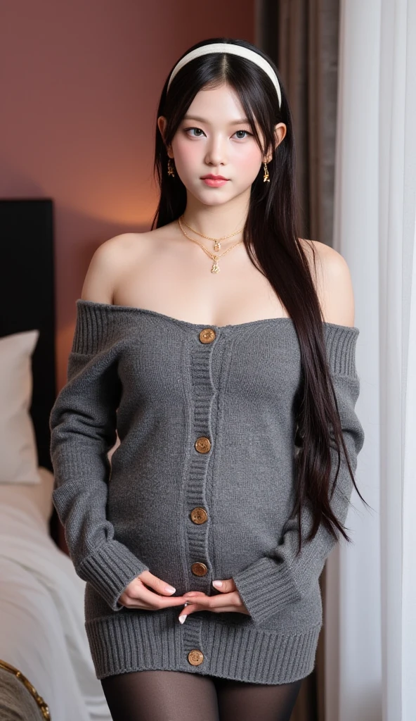 best quality, masterpiece, ultra high res, (photorealistic:1.4), 1girl, wearing sweater and detached long thigh socks, ((sweater and detached long thigh socks)), (faded ash gray hair:1), (huge breasts:1.2), looking at viewer, closeup,long hair, japanese, necklace, showing cleavage