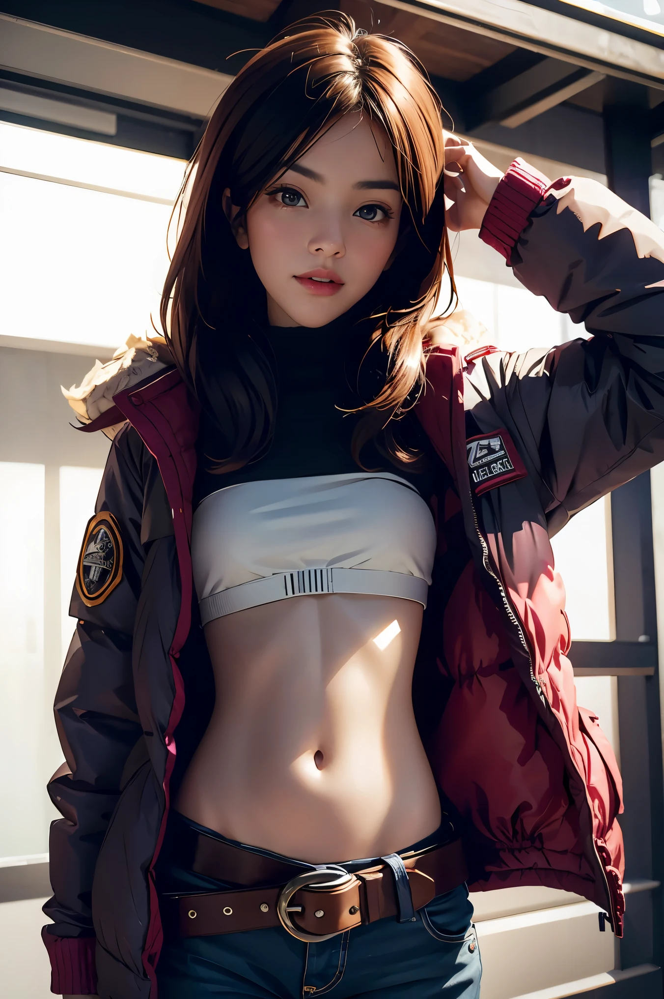 Girl on the winter street, Short down jacket with exposed belly,露Umbilical cord装,((Umbilical cord,diaphragm)),Low-rise pants, Metal belt, Seven-point lens, ((The abdomen is completely bare)), Detailed facial features, beautiful eyes, Lips, and long eyelashes, Reality, 8K, Very detailed, Work室灯光, Dramatic Lighting, Vibrant colors, Work, cold winter atmosphere