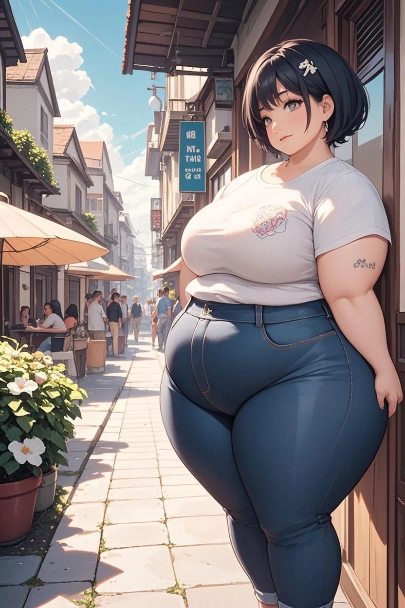 1woman,solo,milf,mature female,medium long hair,black hair,asymmetrical bangs,black eyes,plump,large breasts,Butt overflows out of pants,wet_business-shirt_on_red_lace-bra,denim_skin-tight_pants,sneakers, transparent_umbrella,back,from_behind,from_above,street,