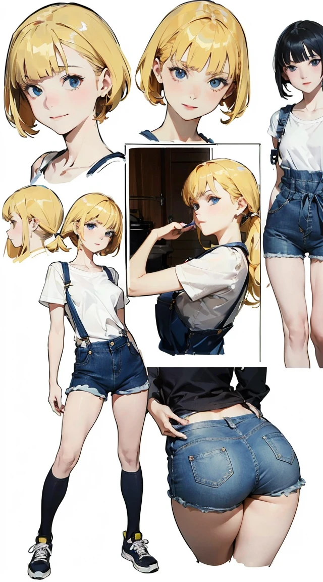 (absurdres, highres, ultra detailed),(absurdres, highres, ultra detailed), 1 girl, ((14 year old)), finely detailed eyes and detailed face, warm smile, (low single side twintail bum with blunt bangs hairstyle), (((wearing a white T-Shirt beneath a jeans baggy denim shortall shorts))), sneakers, cute expression, ((anime character sheet)), (((full body))), (several poses and expressions), blue eyes, ((blonde hair)), dynamic pose, (((pale skin))), white background