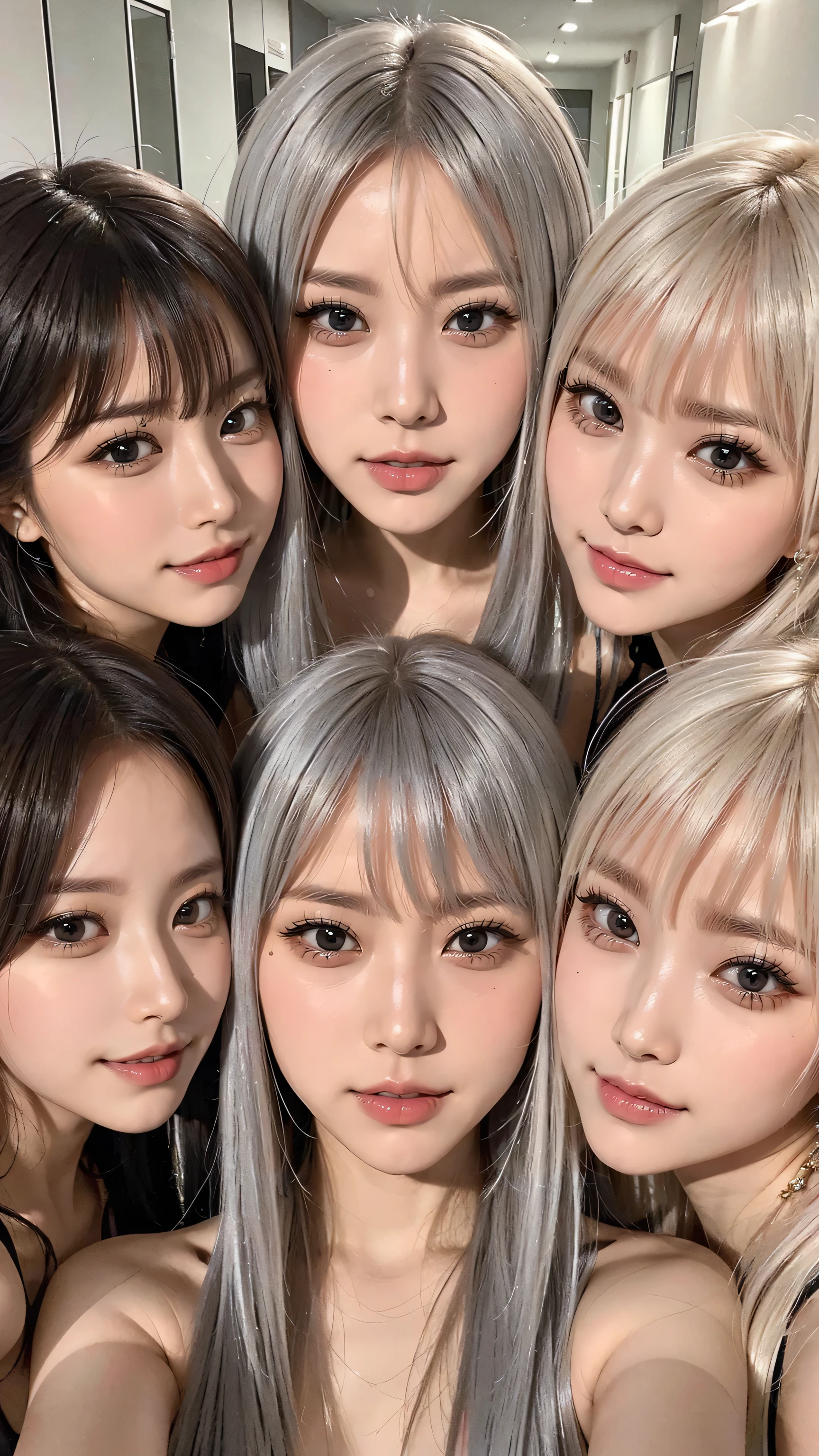 masterpiece, 4K, Beautiful Face, Harem, (Multiple Girls:1.4), (Group photo:1.5), (White Bob Hair:1.3) , Looking at the audience, Female college student,smile