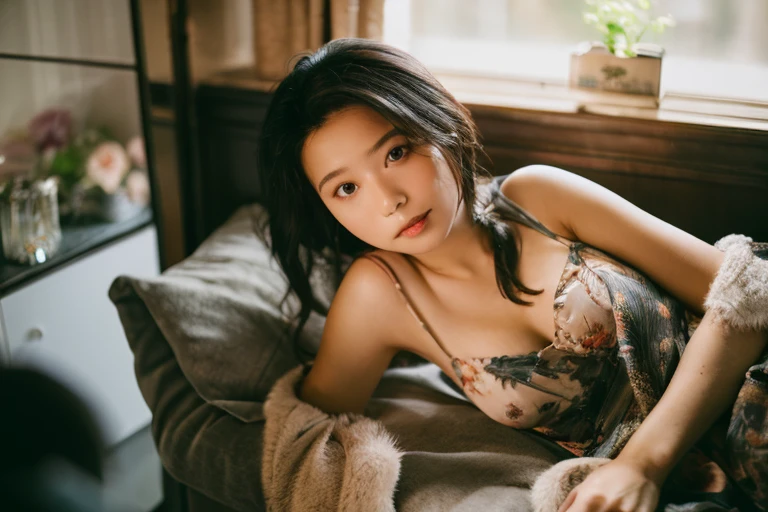 (in 8K、 Raw photography、top-quality,、hight resolution),、(hyper realisitic)、(realisitic),、Soft light、、girl with、Lifelike face、Realistic body、real looking skin、absurderes、​masterpiece、Cuties、独奏、Innocent eyes、blusher、Cinema Lights、cherry colored lips、The hair 、a closeup、looking at viewert、 Open lips,、Upper teeth,、(Smiling eyes:0.6)、eyes focus、professionally lit、CG Social Trends、Plastic En、((Black Long Hair))、((Beautuful Women))、(A smile)、Fashionable、(A sexy)、Hair that flutters in the wind、((Flowing hair))、Happy -、fashion magazine、((lighting like a movie))、(the woods)、((mountain hut))、the morning sun、((On the bet))、((lying back on))、((Peach-colored underwear))peachy-pink bra)、(Peach-colored panties)、(hi)、full body Esbian、