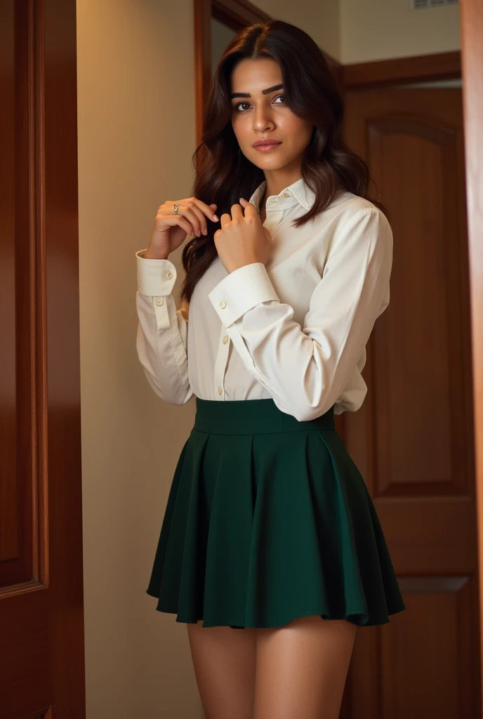 A milf wearing a hijab, kindergarten uniform, green headwear, shoulder bag, green skirt, black shoes, green socks