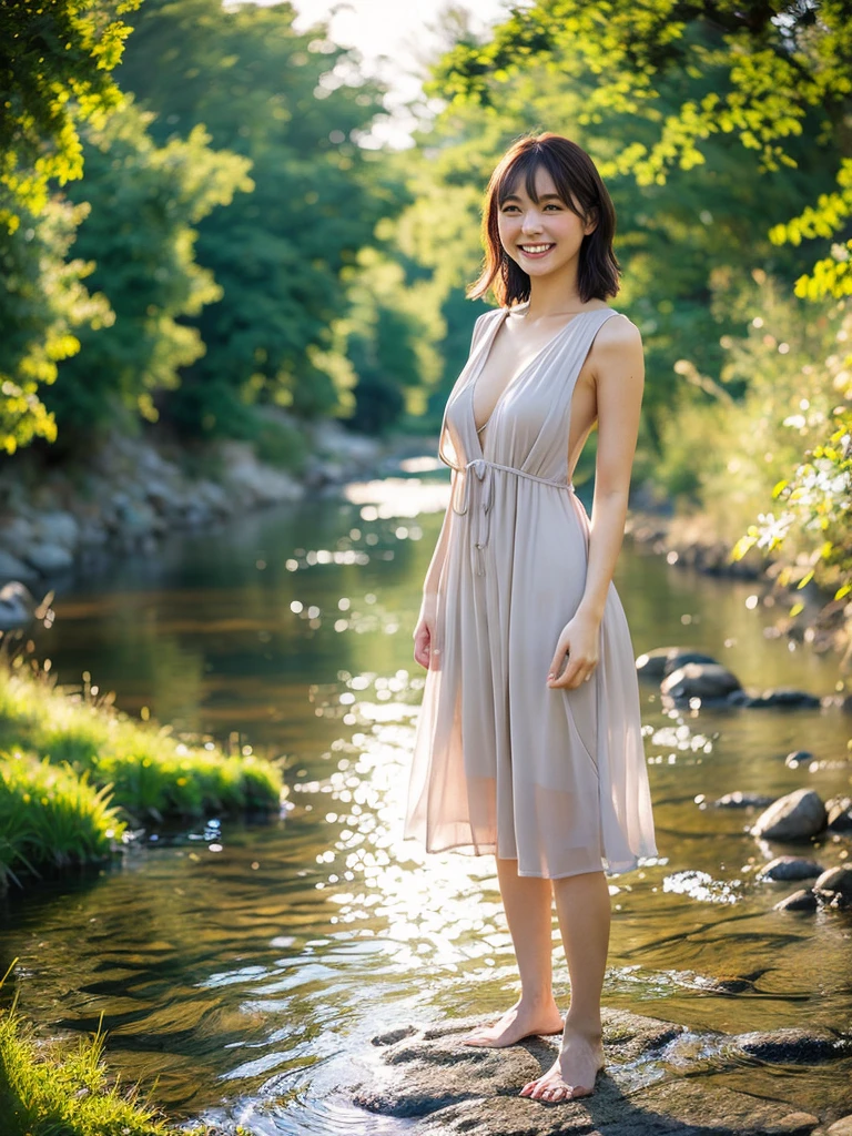 A Japanese girl stands by the water, her laughter echoing in the peaceful surroundings. Her white dress is soaked and semi-transparent, revealing the contours of her body. The backlighting adds a touch of enchantment to the scene.