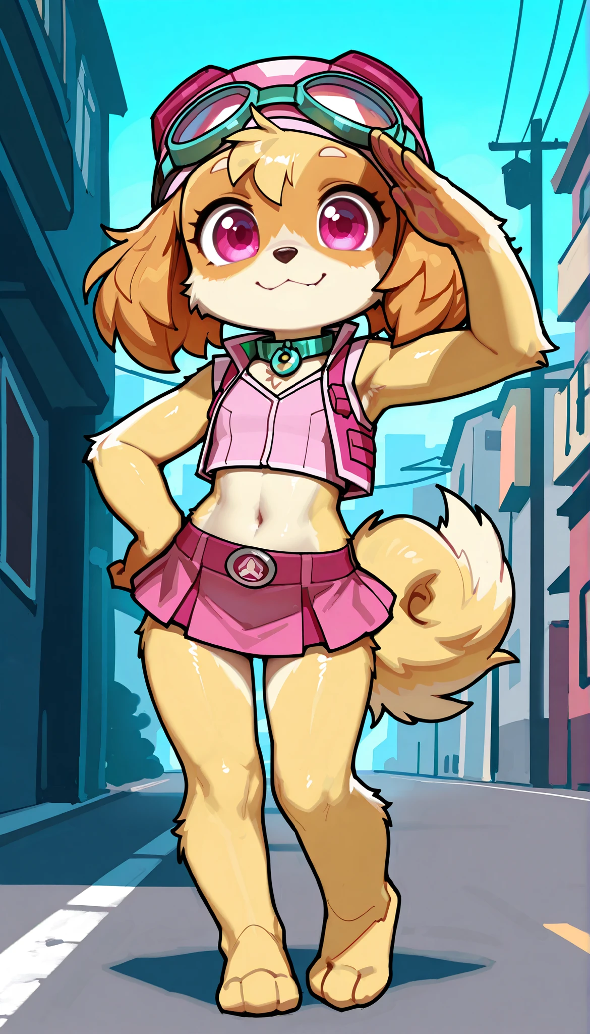 score_9,score_8_up,score_7_up, source_cartoon, source_furry, solo, 1girl, Skye, dog, young, furry female, anthro, body fur, small breasts, fluffy loop dog ears, ((goggles, pink pilot hat, Skye collar, pink vest, sleeveless, midriff, pink mini skirt, barefoot)), detailed body fur, detailed face, detailed eyes, glistering body, shiny body, gorgeous body, masterpiece, full body, feets with three toes, 3 toes, standing, short body, tiny body, big head, :3, athletic body, looking at viewer, street on background, anime style, 2D, one hand on hip, salute,