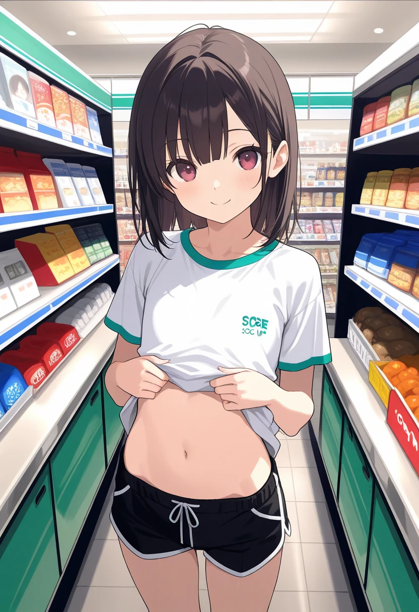 Highest quality,masterpiece,indoor,supermarket,Highest quality, (masterpiece:1.2), Very detailed, (masterpiece), (illustration),Are standing, (face focus),((upper body)), 1 Girl, Red eyes, Shine目,Long twin tails, brown hair, bangs, Shine, eyebrows visible through hair,((Plain white T-shirt)),((Plain blue skirt)), Flat Chest,shy, blush, (looking at viewer), Open your mouth,((shirt lift)),White sports bra, 1boy,Massage the breasts from behind,