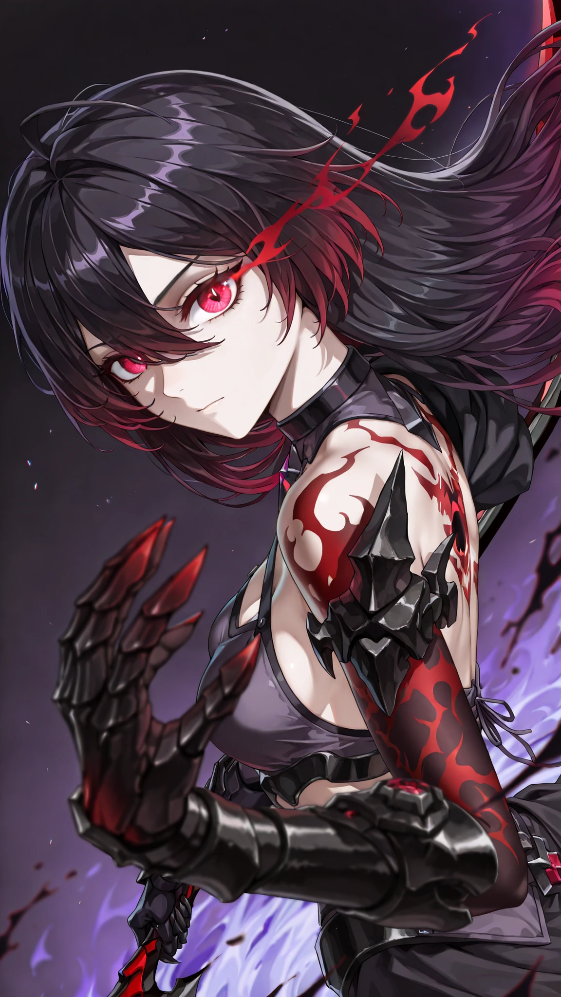 style of [arknights|(748cmstyle:0.5)], deep abyss, dark abyss, cosmic abyss, cinematic shot, mature, young adult, masterpiece, best quality, amazing quality, very aesthetic, high resolution, ultra-detailed, absurdres,
1girl, woman, solo, alone,(dynamic pose, side eye, looking at viewer, upper body focus, action shot, dutch angle, three quarter view, close up, cowboy shot:1.2), (wraith:1.44), purple accents, purple flames, SeeleVelionaNyx, red eyes, black and red hair, (multi-tone hair, gradient hair, multi coloured hair:1.55), small breasts, purple scars, purple and white hair, red and white hair, purple hair, nihility, black hole background, radiation, overwhelming aura, black and red energy, acheron, glowing hair, veiled smirl, hair covering one eye, glowing purple hair, burning eye, abyss eyes, black flame cloak, half body, multicolored hair, colored inner hair, long hair, purple flame scythe, dark purple, dark scythe, demonic arsenal, hair between eyes, darkness, abyssal, arm made of purple flame, ghostly arm, ghostly body, glowing red tattoos, exposed shoulders, claw gauntlets, golden tattoos, purple tattoos, novuschroma79 style, glitch art photo
BREAK, depth of field, volumetric lighting
 