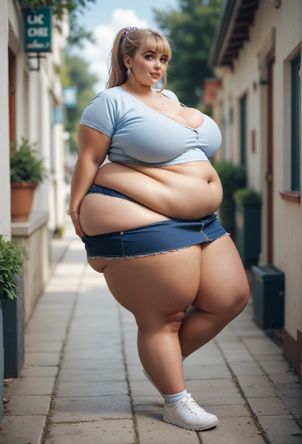 araffe woman in a hat and jeans shorts is walking down the street, Super thick thigs, short robust woman, beautiful thick female, she has a jiggly fat round belly, thicc, skinny waist and Super thick hips, thick body, thick thighs, widest hips, thick legs, large thighs, extremely plump, fat woman, hyperrealistic full figure