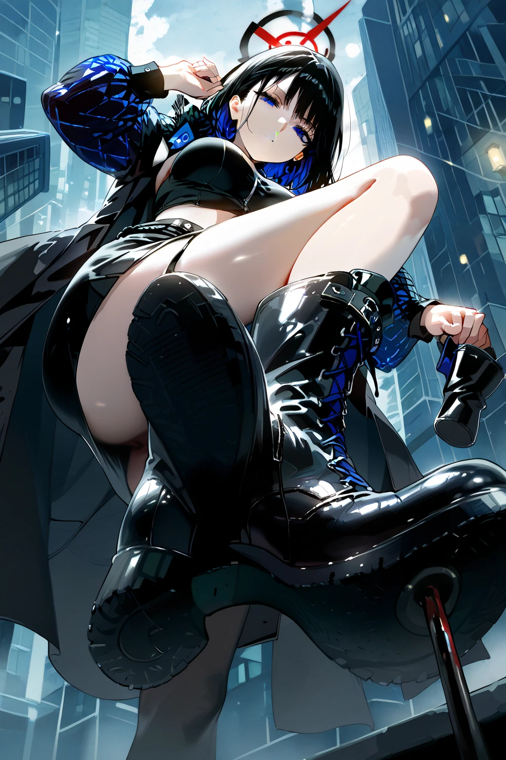 best quality, masterpiece, ultra-detailed, illustration, dynamic pose, Yoru, yorucsm, face scar, red eyes, black hair, looking at viewer, (evil smile), heavy eyeliner, (wearing a leather jacket, platform boots:1.2), adorned with studded accessories, (layered necklaces), bold patterns, (torn fishnet pantyhose:1.2), black miniskirt, dramatic makeup, black nail polish, oversized rings, close-up shot, thick thighs, big breasts, big ass, wide hips, hip dip, glossy lips, cinematic lighting, volumetric lighting, vibrant colors, ray tracing, intricate details in 8k or 4k resolution