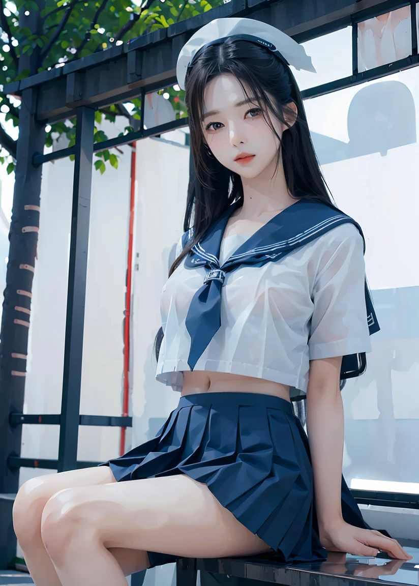 highest quality、8k、Photorealistic、masterpiece、((A transparent glass stage set 2m above ground:1.6))、((A woman on a transparent glass stage))、17 years old、high school girl 、Gravure Model、very cute、(Beautiful big eyes)、Droopy eyes、Shy expression、Very embarrassed、Face Light、Brown hair with bangs、Earrings、necklace、((Large Breasts))、 Perfect body、Slim woman、((white short sleeve sailor uniform:1.3))、A short white sailor suit、Very short、(Navy Pleated Mini Skirt:1.5)、(Navy blue pleated mini skirt:1.5)、Very short、(White lace panties:1.5)、((Perfect Anatomy))、Perfect limbs、Five perfect fingers、((Very thin thighs))、(Very thin legs)、((barefoot))、Posing for a photo shoot on a transparent glass panel、(Spread your legs:1.3)、(Lift your legs:1.3)、(The viewer is looking up at the woman from directly underneath the transparent glass.)、(Angle from below)、Sky angle from under transparent glass、