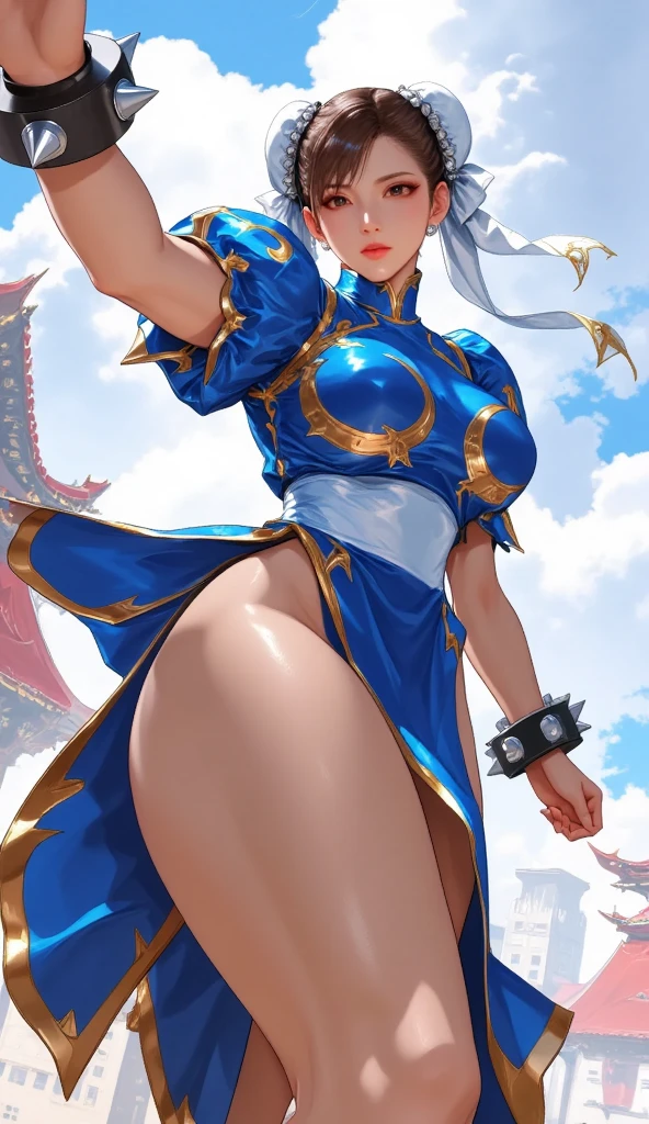Chun-Li from the Street Fighter series , white underwear , on the street , red moon , perfect eyes , blue eyes ,almost naked