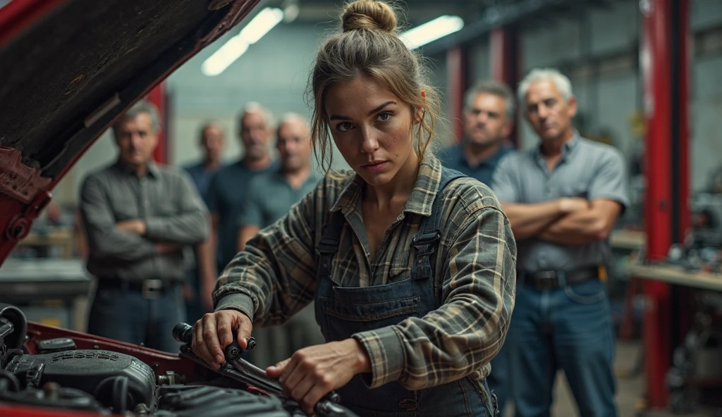 1girl, blond hair, old engine operator clothes, masterpiece, navel, working in the engine room of an old steam ship, (repairing the engine with tools:1.2), dirty, steamy, oil, grease, dark, wide angle action shot