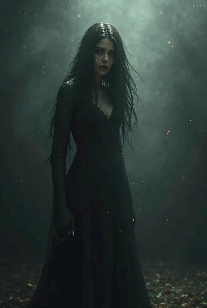 English woman,20 year, very white light skin,sparkling green eyes,long dark purple hair  ,ripped black dress,sobbing,sprinting,black forest scenario,cold lighting,full focus,cinema image,品質,full body images,detailed,Photography,ela esta sobbing em desespero,tears on your face,black fog,the image shows only her from behind,((she is completely turned away))