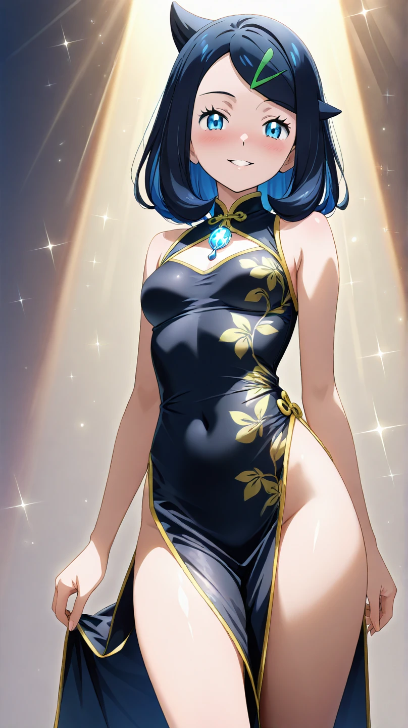 (extremely delicate and beautiful:1.2),1girl, bangs, blue eyes, blurry background, short hair, blue hair, closed mouth, from front, lantern, light particles, evening gown, dress, necklace, earrings, jewelry, sleeveless, bare shoulders, looking at viewer, night, solo, medium full shot, smile,red lips, medium breasts, mer1, one arm up, armpit